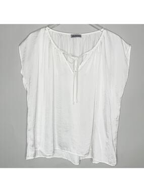 Tutu Lilli S Womens White Tie Neck Satin Short Sleeve Top Pleated Round Top TX